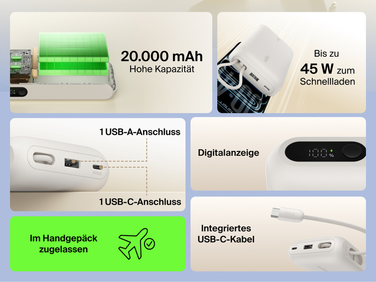 Belkin UltraCharge 20K 45W power bank with integrated USB-C cable, digital display, dual ports, and high-capacity battery for fast, travel-ready charging