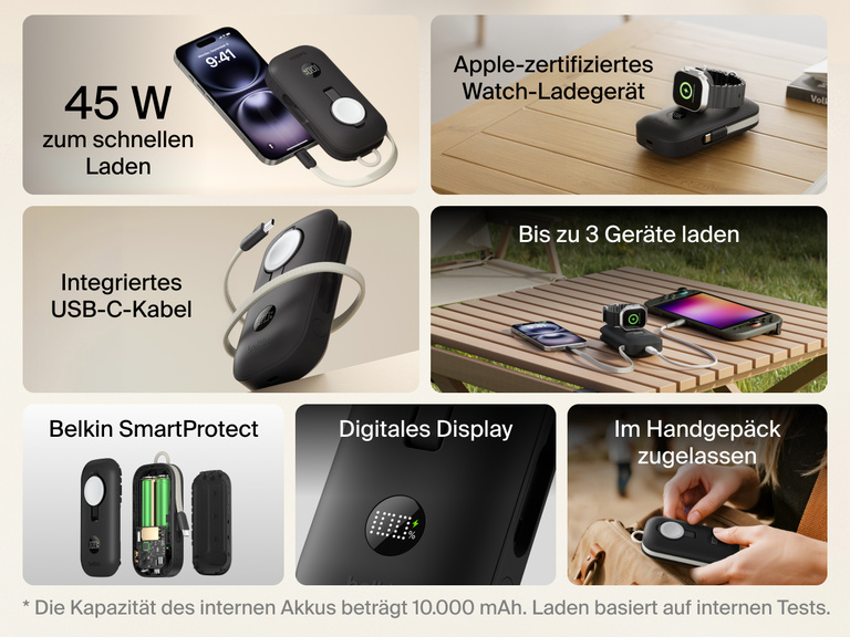 Belkin BoostCharge Pro Powerbank 10K mit Apple Watch Ladeger&auml;t mit 45&nbsp;W zum schnellen Laden, USB-C-Kabel, Digitalanzeige, Apple-zertifiziertem Modul zum Laden der Watch, Belkin SmartProtect-Technologie; im Handgep&auml;ck zugelassen.