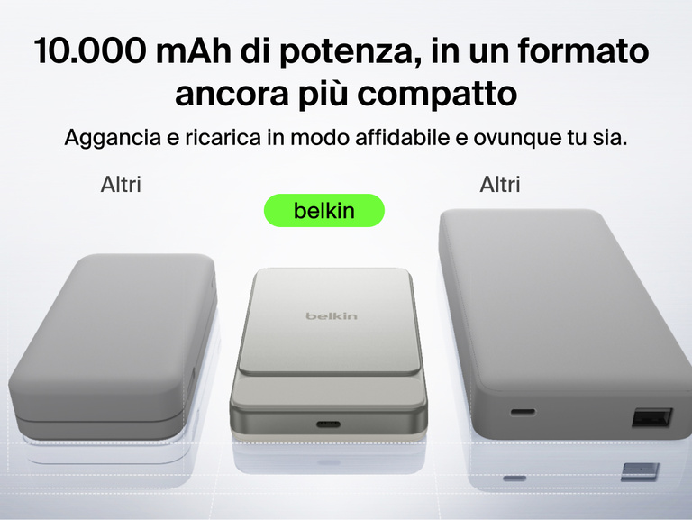 Belkin UltraCharge Slim Magnetic Power Bank 10K highlighting premium aluminum finish, ergonomic grip, soft-touch magnetic surface, digital display, and portable wireless charging design