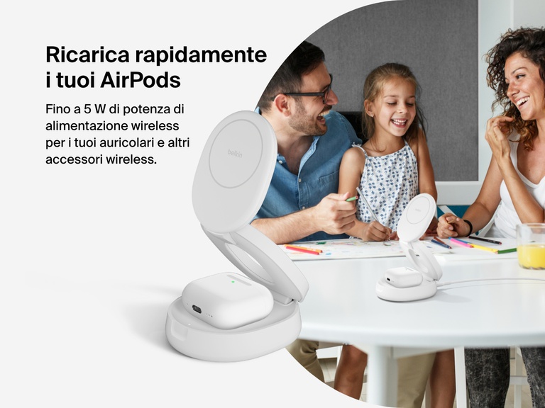 Belkin BoostCharge 2-in-1 Convertible Magnetic Charging Stand with Qi2 15W wirelessly charges AirPods with up to 5W of power, shown in use on a family table.
