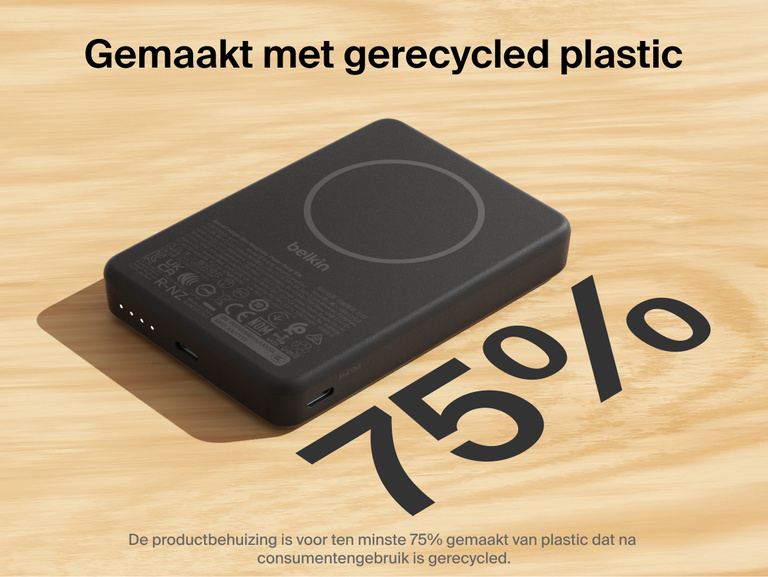 Belkin BoostCharge Slim Magnetic Power Bank 10K highlighting 75% post-consumer recycled plastic housing with slim magnetic design and USB-C ports