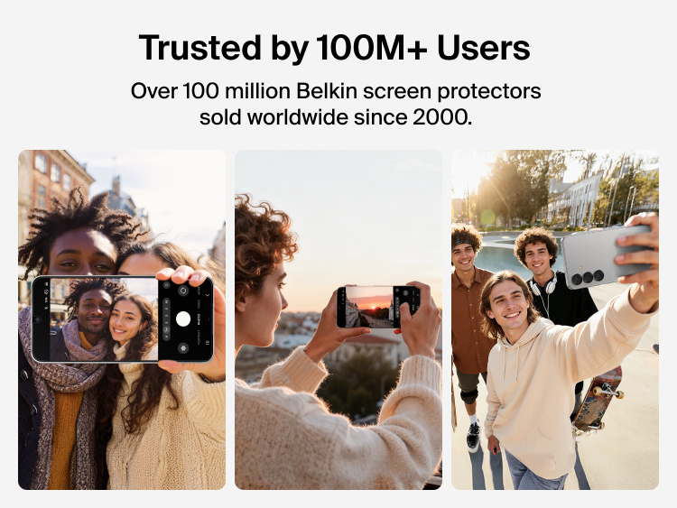 Belkin ScreenForce Titan EcoGuard Red Light Screen Protector for Samsung Galaxy S26 from a brand trusted by over 100 million users worldwide, highlighting everyday phone use and long-standing screen protection expertise.