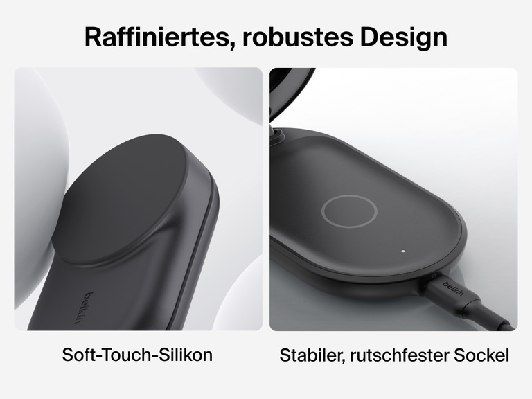 Die Belkin UltraCharge faltbare magnetische 3-in-1-Ladestation mit Qi2 25W ist mit einer Soft-Touch-Oberfläche aus Silikon und einem stabilen, rutschfesten Sockel versehen, der zuverlässiges, sicheres, kabelloses Laden ermöglicht.