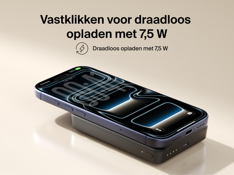 Belkin BoostCharge Slim Magnetic Power Bank 10K magnetically attached to a smartphone delivering 7.5W wireless charging in a slim portable design