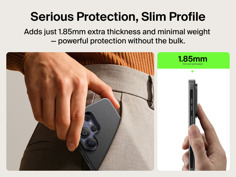 Belkin SheerForce Protect Series Case for Samsung Galaxy S26 shown in hand with an ultra-slim 1.85 mm profile, delivering lightweight everyday protection without added bulk.