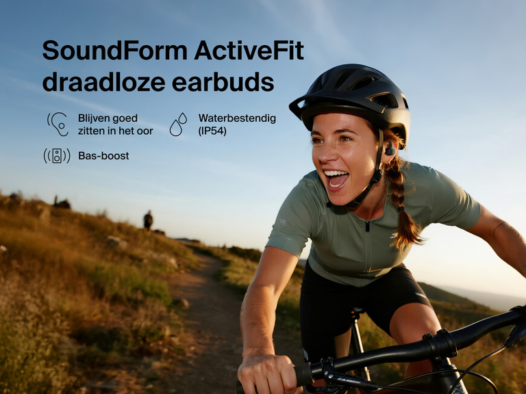 Belkin SoundForm ActiveFit Wireless Earbuds with secure in-ear fit, IP54 water resistance, and bass boost, shown on a cyclist outdoors.