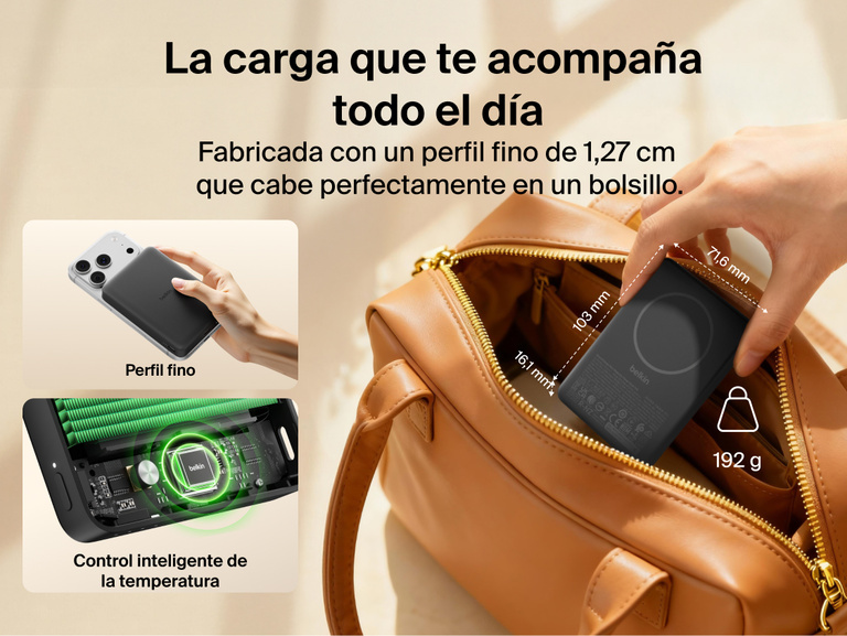 Belkin BoostCharge Slim Magnetic Power Bank 10K shown slipping easily into a bag with slim 0.5-inch profile, highlighting portable design and smart thermal control features