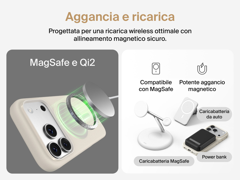 Custodia Belkin SheerForce Protect Series per iPhone 17 con bordi rialzati per la protezione dello schermo e della fotocamera, e design appositamente pensato per garantire una ricarica wireless magnetica ottimale.