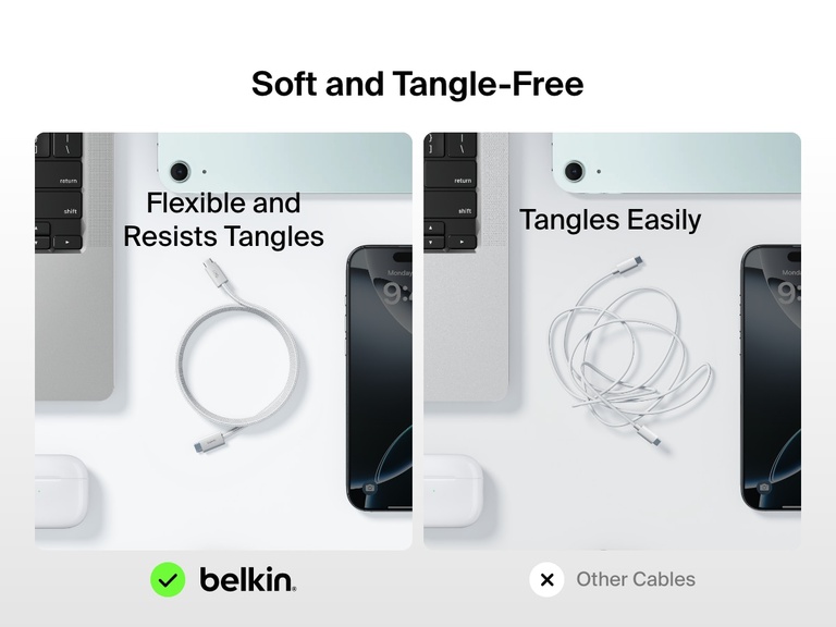 Side-by-side image showing the Belkin BoostCharge USB-C to USB-C Cable 60W as a soft, flexible, and tangle-resistant option compared to standard cables that tangle easily.
