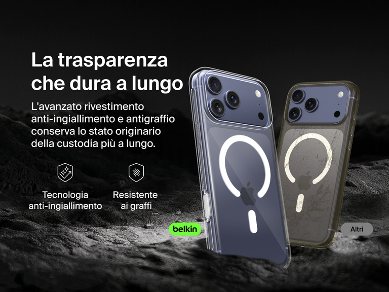 Belkin SheerForce Clear Series Case for iPhone 17 with anti-yellowing and scratch-resistant technology compared to discolored generic case.