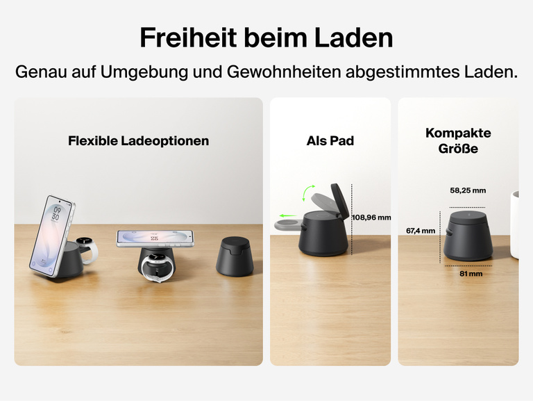 Die flexiblen Ladeoptionen der Belkin UltraCharge modularen Ladestation mit Qi2 25W, als St&auml;nder und Pad, werden veranschaulicht. Auch das kompakte, platzsparende Design, das praktisch zum t&auml;glichen Einsatz ist, wird gezeigt.