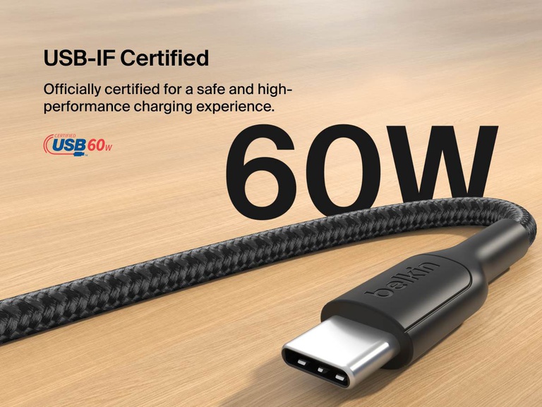 Belkin Gaming USB-C to USB-C Cable 60W is USB-IF certified for safe, high-performance charging of the Nintendo Switch 2 and other USB-C devices.