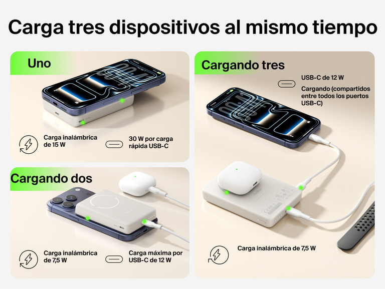 Slim Magnetic Power Bank 10K with Qi2 powering smartphone, earbuds, and smartwatch together with shared charging outputs