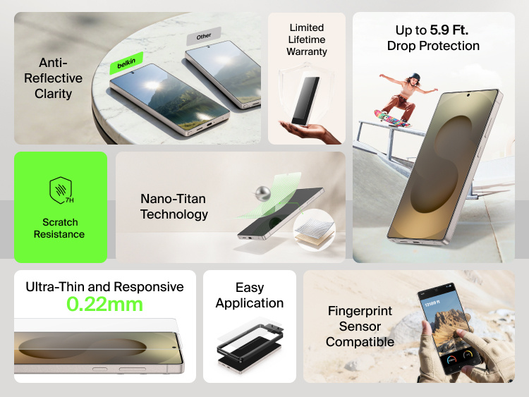 Feature overview of the Belkin ScreenForce Titan EcoGuard Anti-Reflective Screen Protector for Samsung Galaxy S26 highlighting anti-reflective clarity, 7H scratch resistance, up to 5.9 ft drop protection, nano-titan technology, fingerprint sensor compatibility, ultra-thin 0.22 mm design, and easy application.