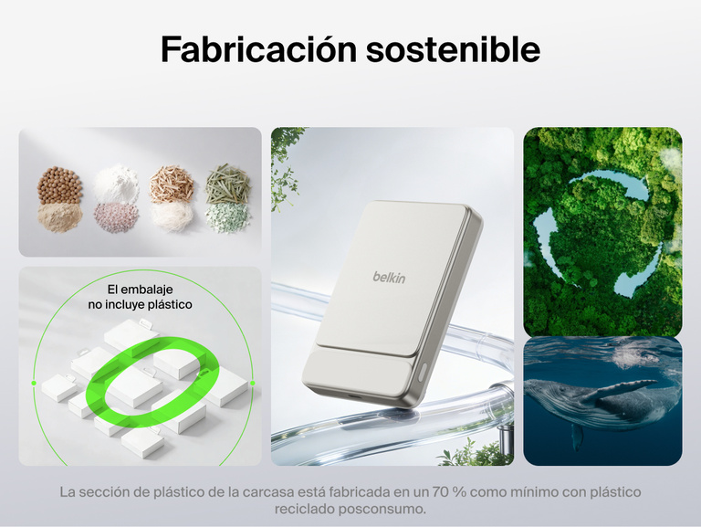 Belkin UltraCharge Slim Magnetic Power Bank 10K highlighting sustainable design made with recycled plastic and plastic-free packaging for eco-friendly portable charging