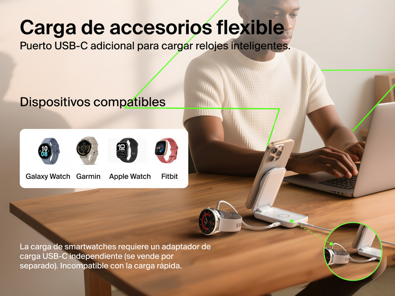 Se muestra el cargador magnético plegable 2 en 1 con Qi2 25W Belkin UltraCharge cargando un iPhone y un reloj inteligente por el puerto USB-C que, además, es compatible con Apple Watch, Galaxy Watch, Garmin y Fitbit.