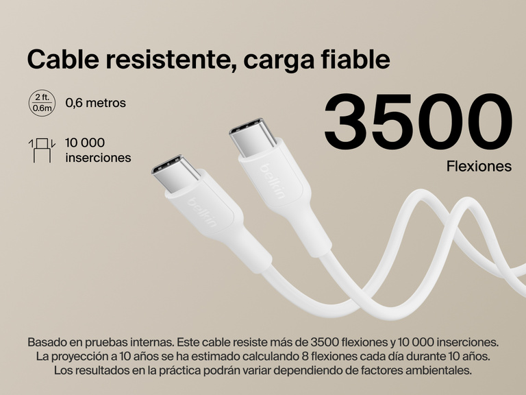 Belkin BoostCharge Slim Magnetic Power Bank 5K shown with durable USB-C to USB-C cable designed for 3,500+ bends and reliable long-lasting charging performance.