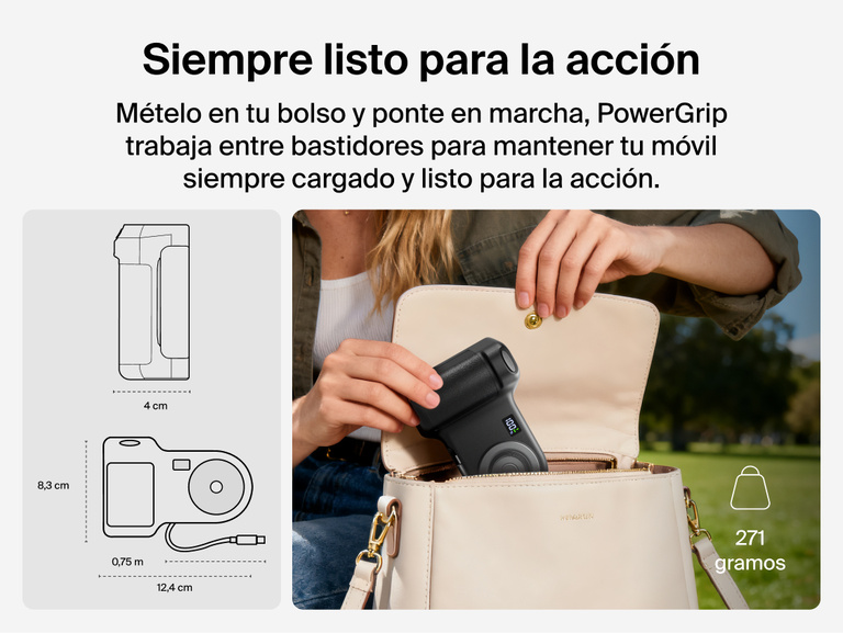 Person placing the Belkin Stage PowerGrip portable magnetic wireless charger into a handbag, shown with product dimensions and lightweight design for easy travel.