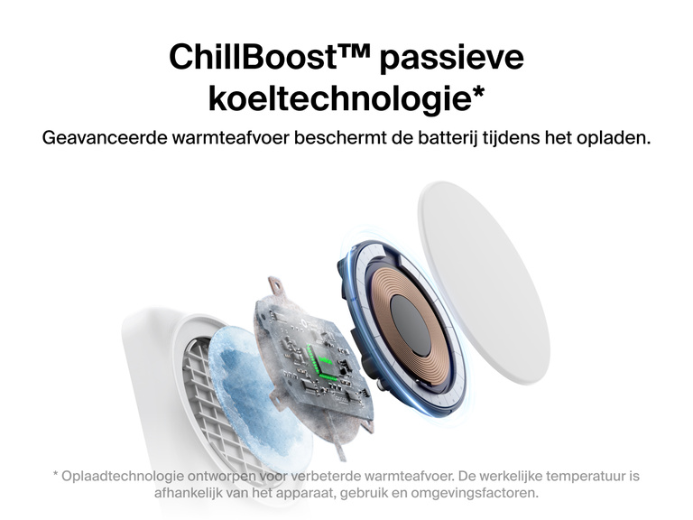 De Belkin UltraCharge 2-in-1 uitklapbare magnetische lader met Qi2 25W werkt met de passieve koeltechnologie ChillBoost™ om warmte beter af te voeren en de batterij te beschermen tijdens het opladen.