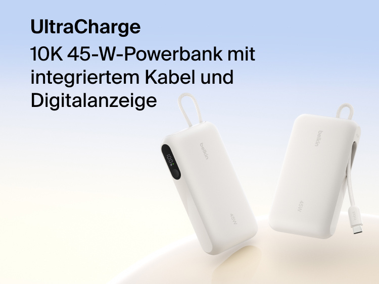 Belkin UltraCharge 10K 45W power bank with integrated cable and digital display showing battery level, designed for fast portable charging.