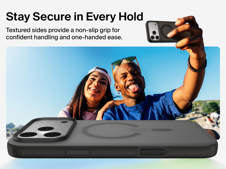 Belkin SheerForce Grip Series Case for iPhone 17 with military-grade drop protection and textured non-slip grip.