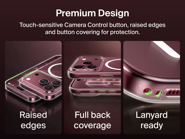 Belkin Clear Series Case for iPhone 18 Pro and Pro Max highlighting raised protective edges, full back coverage, touch-sensitive Camera Control button and lanyard-ready design.