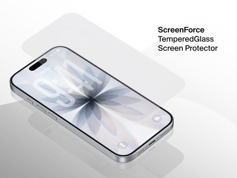 Belkin ScreenForce TemperedGlass Screen Protector 1-Pack shown on iPhone, providing durable scratch and impact protection with crystal-clear clarity.