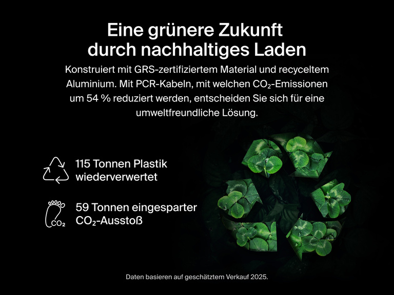 Das geflochtene Belkin BoostCharge Pro USB-C-Doppelkabel ist aus GRS-zertifizierten Materialien und recyceltem Aluminium hergestellt, wodurch die Verwendung von Plastik und der CO2-Aussto&szlig; verringert werden, um f&uuml;r mehr Nachhaltigkeit zu sorgen.