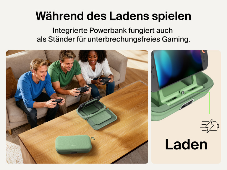 Belkin Gaming Charging Case Pro for Nintendo Switch 2 shown playing while charging with built-in power bank stand enabling uninterrupted tabletop gameplay.