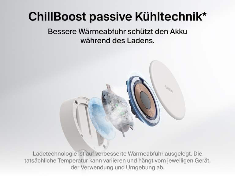 Die Belkin UltraCharge Pro verstellbare, magnetische 2-in-1-Ladestation mit Qi2&nbsp;25W zeichnet sich durch die passive K&uuml;hltechnik ChillBoost aus, die f&uuml;r eine verbesserte W&auml;rmeabfuhr sorgt und den Akku w&auml;hrend des Ladens schont.