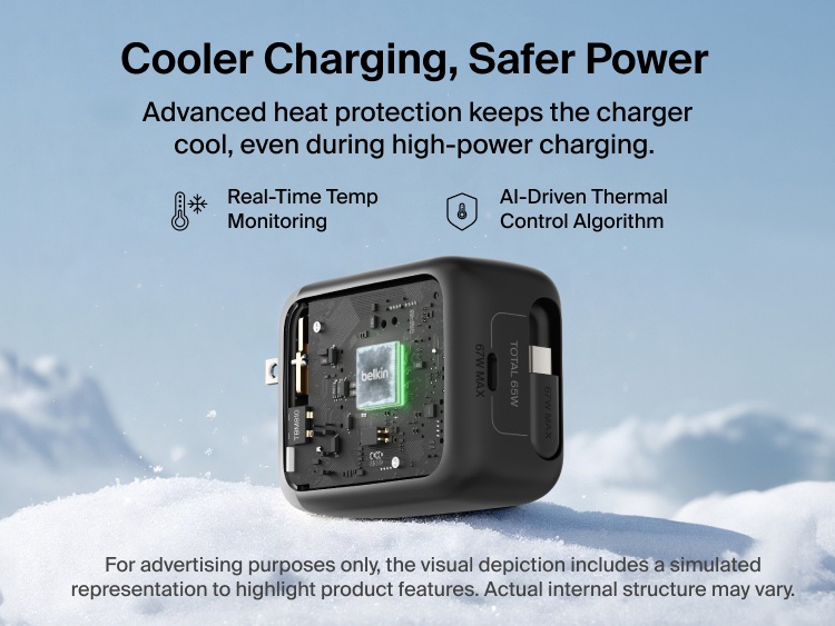 Belkin UltraCharge Retractable GaN Wall Charger 67W with built-in retractable USB-C cable featuring advanced thermal management, real-time temperature monitoring, and AI-driven cooling for safer fast charging.