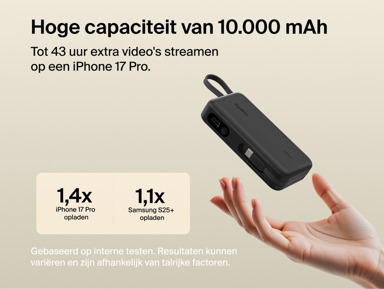 Belkin UltraCharge 10K power bank with integrated USB-C cable and digital display, delivering up to 45W fast charging and extended battery life for smartphones