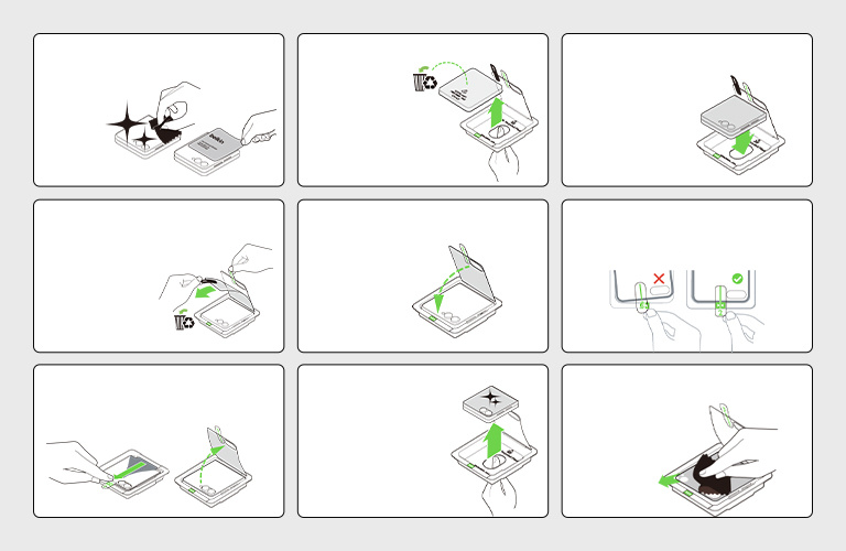 Step-by-step illustration showing the precise, intuitive installation process of the Belkin ScreenForce InvisiGlass Screen Protector using an application tray and removal tools.