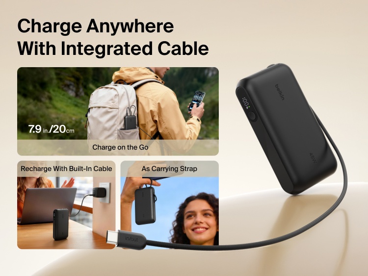 Belkin UltraCharge 10K power bank with integrated USB-C cable and digital display designed for portable charging, recharging, and convenient carry on the go