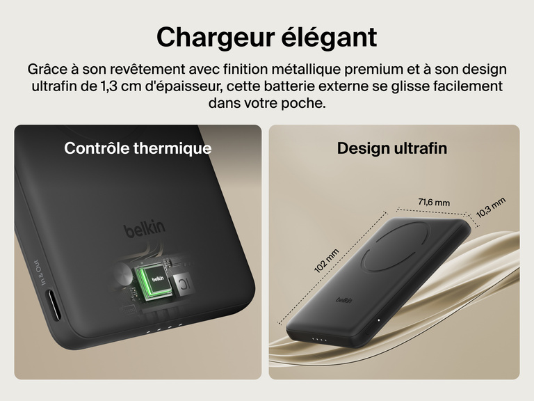 Belkin BoostCharge Slim Magnetic Power Bank 5K shown with smart thermal control and ultra-slim 0.5-inch profile designed for portable, pocket-friendly charging.