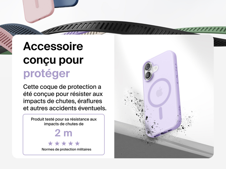 Belkin SheerForce Grip Series Case for iPhone 17 shown with textured grip and impact protection against drops.