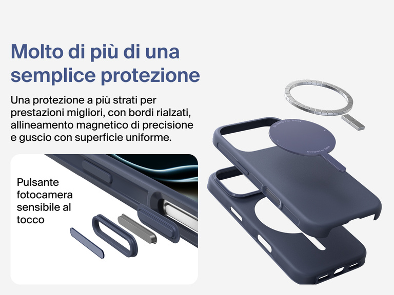 Immagine della custodia Belkin SheerForce Protect Series per iPhone 17 che evidenzia la compatibilit&agrave; con MagSafe e Qi2 per un aggancio magnetico potente a caricabatterie e altri accessori.