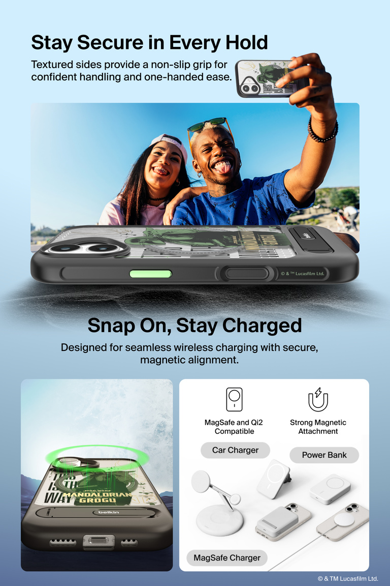 Belkin SheerForce Magnetic Case with Kickstand for iPhone 17, The Mandalorian & Grogu showcasing textured grip, MagSafe-compatible charging, and secure magnetic attachment.