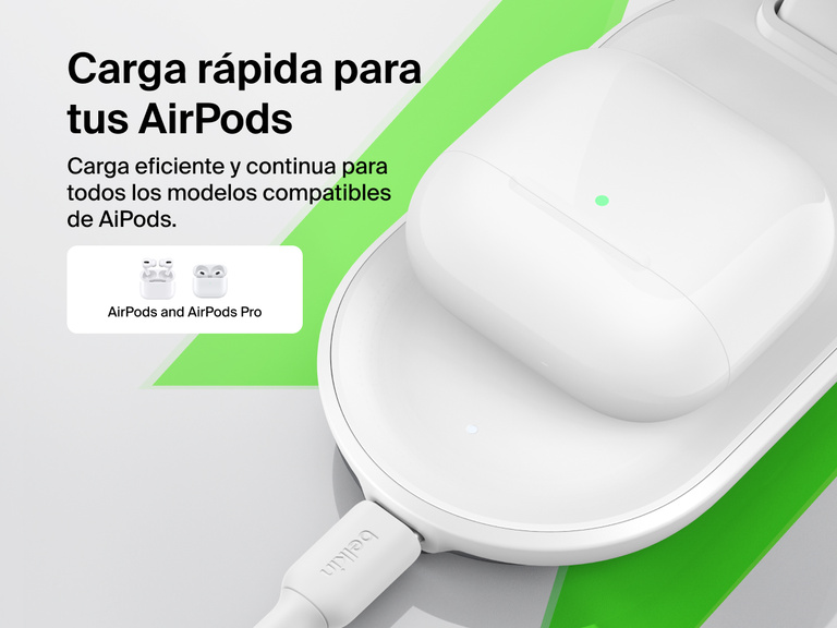 El cargador magnético plegable 3 en 1 con Qi2 25W Belkin UltraCharge proporciona una carga inalámbrica rápida para AirPods y AirPods Pro, ofreciendo una compatibilidad completa.