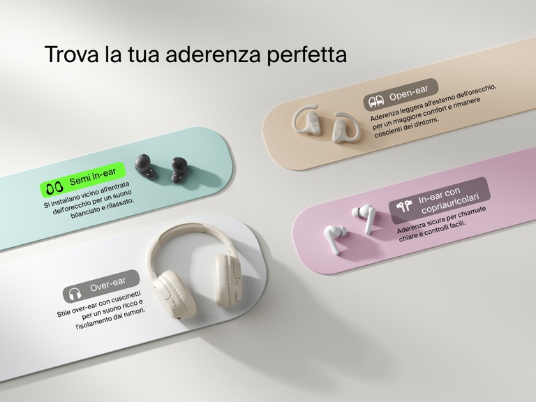 Belkin SoundForm Anywhere Wireless Earbuds shown as a semi in-ear fit option alongside open-ear, in-ear with eartips, and over-ear styles for the perfect fit.