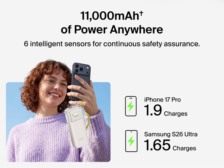 Person holding a phone connected to the UltraCharge Power Bank 11K with Retractable Cable, illustrating its 11,000mAh capacity for multiple phone charges
