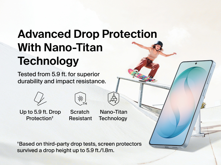 Belkin ScreenForce Titan EcoGuard Privacy Filter Screen Protector for Samsung Galaxy S26 shown demonstrating Nano-Titan technology with up to 5.9-ft drop protection and scratch resistance for durable, everyday screen protection.