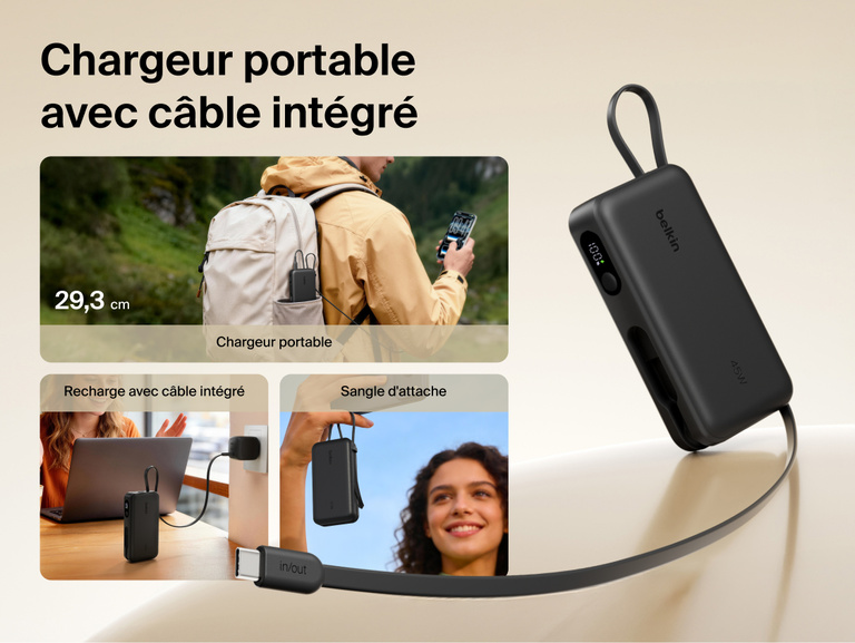 Belkin UltraCharge 10K power bank with integrated USB-C cable and digital display designed for portable charging, recharging, and convenient carry on the go