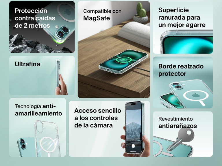 A feature-packed promotional image of the SheerForce™ Magnetic iPhone Case, highlighting its key benefits. The collage showcases its MagSafe compatibility, grip-enhancing grooved texture, protective raised edges, anti-yellowing technology, and anti-scratch coating. It also emphasizes 2m drop protection, ultra-slim design, and easy access to camera control, making it a durable and stylish choice for iPhone users.