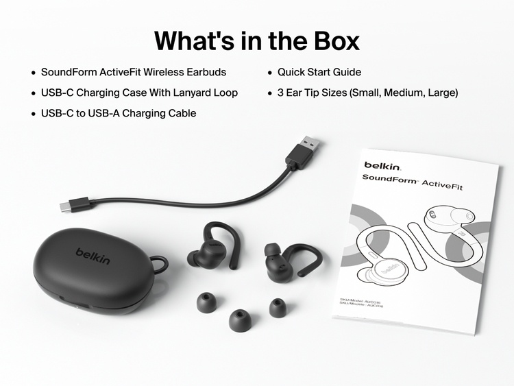 Belkin SoundForm ActiveFit Wireless Earbuds with USB-C charging case, USB-C to USB-A cable, quick start guide, and three ear tip sizes included in the box.