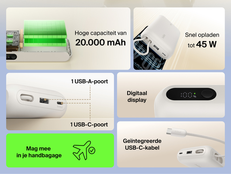 Belkin UltraCharge 20K 45W power bank with integrated USB-C cable, digital display, dual ports, and high-capacity battery for fast, travel-ready charging