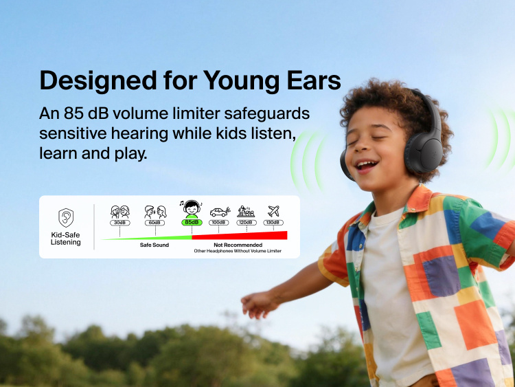 SoundForm Mini 2 Wireless On-Ear Headphones for Kids worn by a smiling child outdoors, with a diagram showing the 85 dB Kid-Safe Listening volume limit compared to louder levels not recommended for children