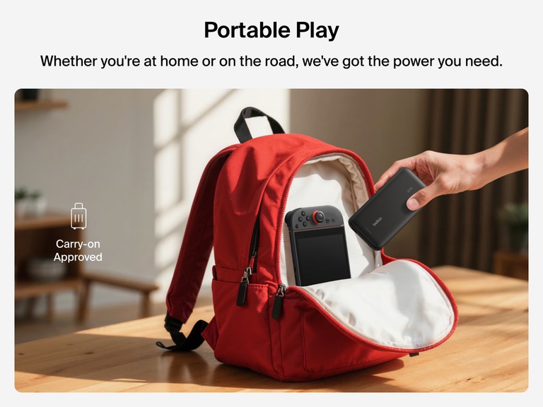 Belkin Gaming Power Bank 20K (30W) for Nintendo Switch 2 is shown being packed into a backpack, highlighting its portable, carry-on approved design for gaming on the go.