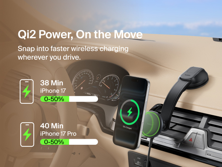 Belkin BoostCharge Magnetic Wireless Charging Car Vent and Dash Mount shown charging an iPhone with Qi2 fast wireless power while driving, highlighting quick 0–50% charge times.