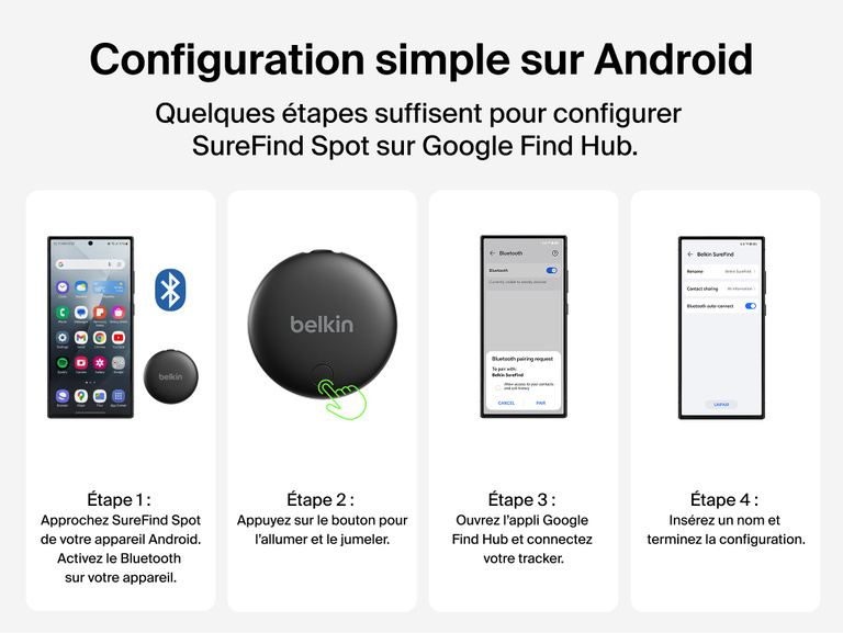 Image des quatre &eacute;tapes de configuration pour jumeler le Belkin&nbsp;SureFind&nbsp;Spot avec un appareil Android et Google&nbsp;Find&nbsp;Hub.